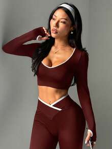 Dewbera Dewbera 2pcs/Set Women Seamless Contrast Color Sports Set - Burgundy - View 4