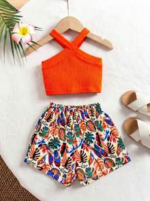 SHEIN 2pcs Baby Girl Knitted Solid Color Casual Top And Ditsy Floral Pants Set Toddler Two Pieces Tropical Outfit Vacation Clothes Orange Hawaiian Outfits - Hot Pink - View 6