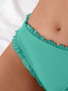 SHEIN Swim 女款純色荷葉邊比基尼泳褲，適合海灘泳池派對、度假，青藍色夏季休閒熱帶清新可愛款 - 薄荷綠 - 查看 5