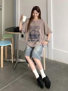 DAZY 女士圆领印花短袖休闲街头T恤 - 卡其色 - 查看 4