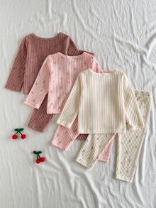 SHEIN Vintaside Kids 6件套女婴春秋季休闲可爱甜美棕色豹纹上衣、粉色杏色上衣搭配同色裤子，3套组合套装，适合上学和日常穿着 - 彩色 - 查看 2