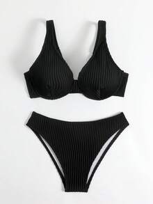 Swim DD+ 2026款女士DD+码极简条纹比基尼套装，金属装饰，带衬垫罩杯，适合夏季海滩度假 - 黑色 - 查看 4