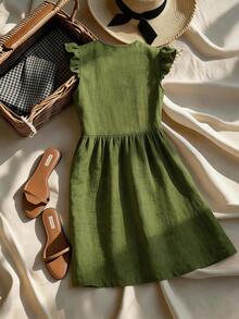 SHEIN Holidaya 女士新品：优雅性感，适合办公室、度假、海滩、通勤、浪漫约会、派对、生日派对、音乐会、情人节和嘉年华等场合。女士夏季新款V领荷叶边下摆宽松A字绿色竹麻短裙，绿色连衣裙，V领连衣裙，荷叶边下摆，荷叶边袖连衣裙，吊带连衣裙，女士度假连衣裙，女士可爱连衣裙，女士夏季连衣裙 - 綠色 - 查看 2