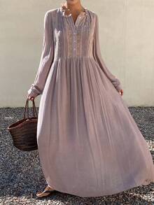 Livesso Women's Contrast Lace Button Half-Placket Long Sleeve Midi Dress - Purple - View 1