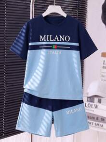 Conjunto de camiseta de manga corta con cuello redondo y estampado de letras de color contrastante, y pantalones cortos para niño preadolescente - Multicolor - Ver 8
