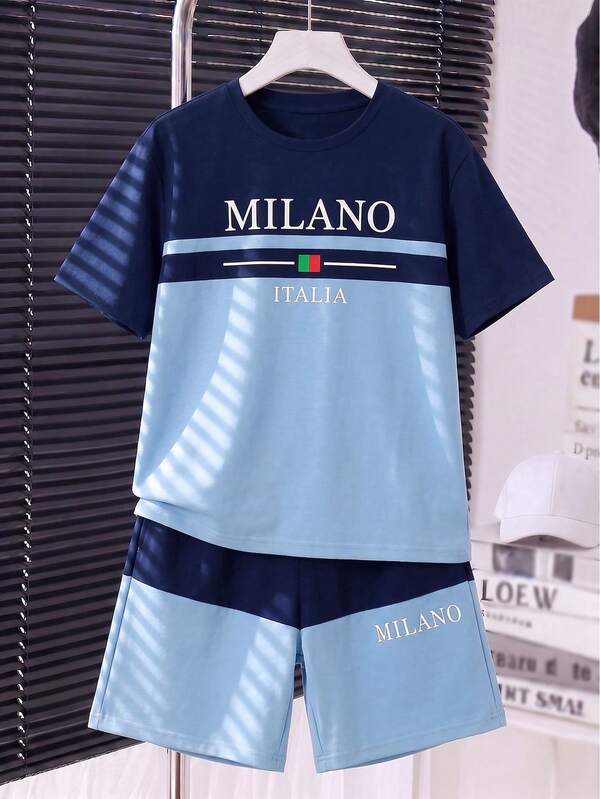 Conjunto de camiseta de manga corta con cuello redondo y estampado de letras de color contrastante, y pantalones cortos para niño preadolescente