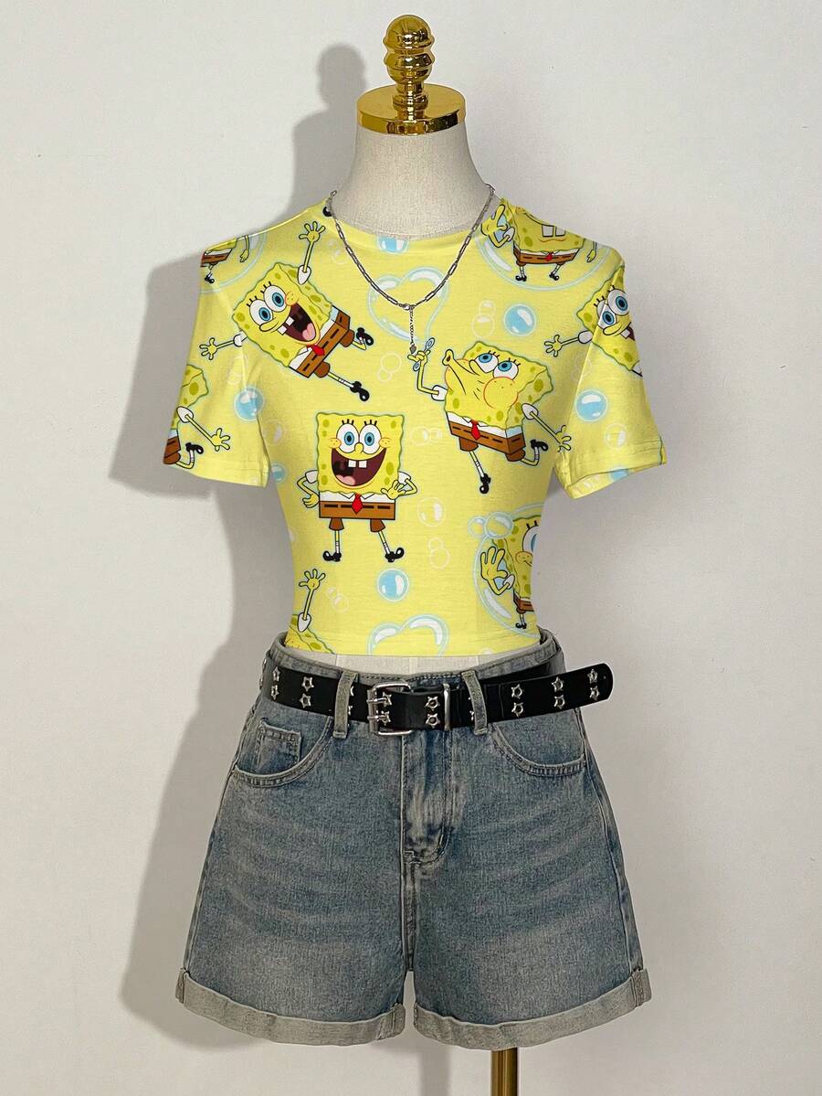 SpongeBob SquarePants | SHEIN Áo thun nữ cổ tròn tay ngắn in hình hoạt hình dễ thương, kiểu dáng ôm vừa vặn. - trắng - Xem 1