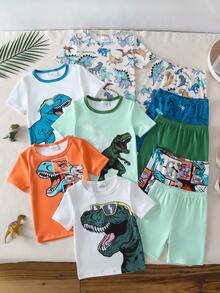 (Random 5 Sets, Send 2 Sets) Young BoyCute Dinosaur Print Soft Short Sleeve Shorts Pajama Set, Comfortable For Indoor Wear And Outdoor Activities - Multicolor - View 5