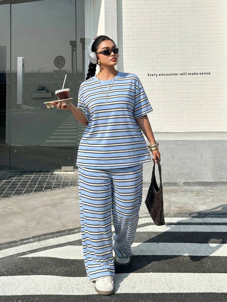 Muchica Plus Size Blue Striped Print Round Neck Top And Loose Pants 2 Pieces Set - Blue - View 3