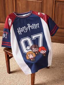 HARRY POTTER X SHEIN Tween Girl Colorblock Cartoon Print Round Neck Short Sleeve T-Shirt - Multicolor - View 1