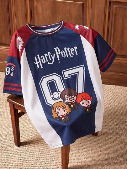 HARRY POTTER X SHEIN Áo thun ngắn tay cổ tròn in hình hoạt hình phối màu dành cho bé gái tuổi teen