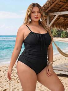 SHEIN CURVE+ Plus Size Solid Color Spaghetti Strap Tie Front One-Piece Swimsuit Beach Vacation White Summer Sexy - Black - View 5