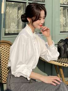 DAZY Frilled Neck Flounce Sleeve Blouse,Long Sleeve Tops,Fall Clothes - White - View 7