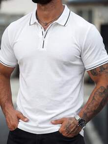 Manfinity CasualCool Men's Casual Everyday Commute Minimalist Contrast Piping Short Sleeve Polo Shirt, Summer, Formal - White - View 1