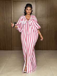 Maweii Plus Size V-Neck Puff Sleeve Bow Striped Vacation Dress Fall - Multicolor - View 2