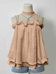 Lalippa Camiseta sin mangas de unicolor con volantes en el bajo, con cintura anudada, adecuada para usar de vacaciones - Albaricoque - Ver 5