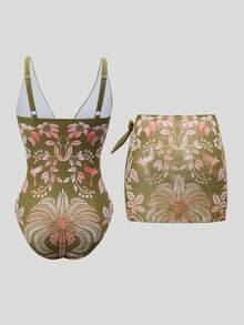 Swim Oasis 女士沙滩套装，优雅休闲波西米亚风蓝白热带椰树花卉复古印花连体泳衣及沙滩罩衫高端两件套 - 彩色 - 查看 8