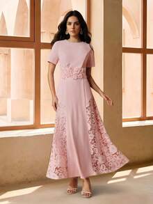 Anewsta Women's Elegant Modern Minimalist Round Neck Water-Soluble Lace Patchwork Waist Ruffle Trim Pink Short Sleeve Dress, Spring/Summer - Pink - View 6