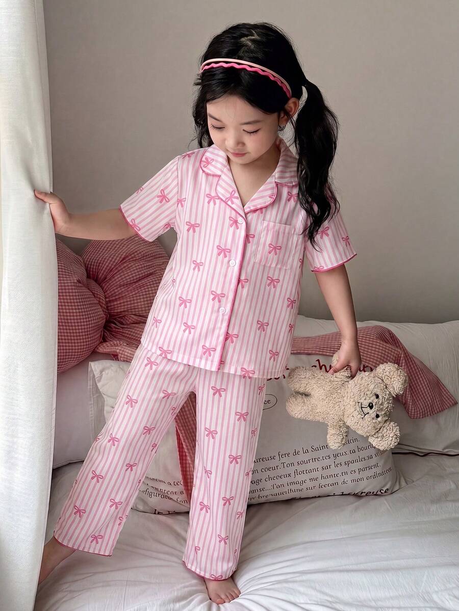 SHEIN 少女條紋圖案翻領鈕扣前開短袖上衣與長褲 2 件組 寬鬆舒適梭織睡衣套裝 - 西瓜粉 - 查看 1