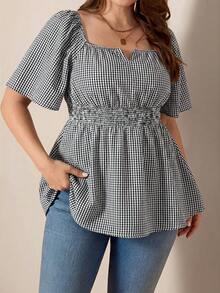 Comfylo Off-Shoulder Square Neck Flowy Hem Plus Size Blouse Formal Vacation Black And White Summer Casual - Black and White - View 2