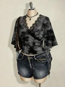 SHEIN ICON 大码女式扎染撞色蕾丝荷叶袖T恤 - 彩色 - 查看 5