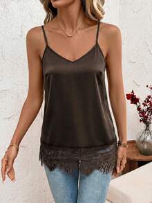 SHEIN Clasi Women's Solid Color Spaghetti Strap Lace Patchwork Sleeveless Tank Top, Summer - Coffee Brown - View 4
