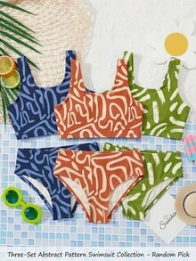 Young Girl All-Over Print Scoop Neck Casual Minimalist Camisole & Triangle Bikini Set Set, Suitable For Summer - Multicolor - View 1