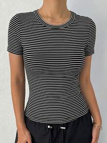 DAZY Women Striped Crew Neck Fitted Undershirt - Black and White - View 2