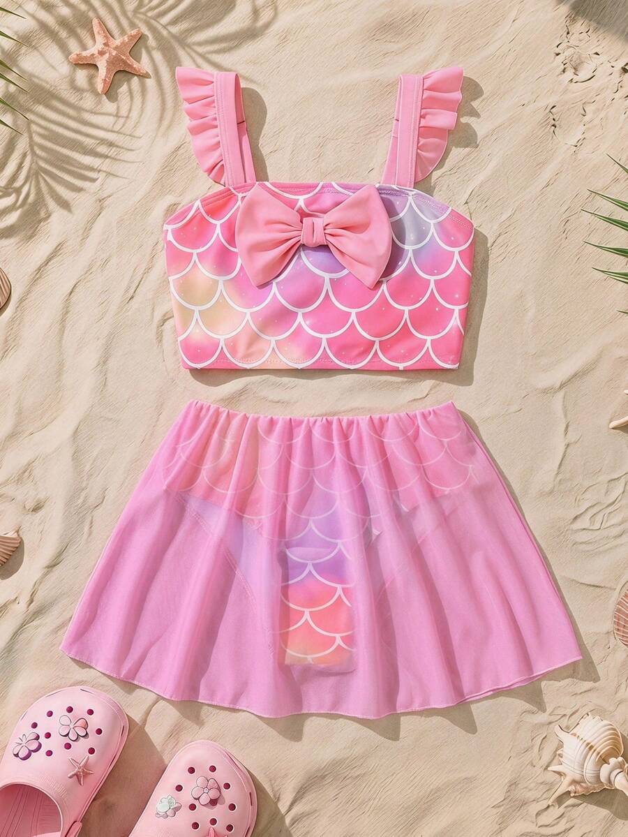 SHEIN 少女美人魚鱗片與蝴蝶結裝飾海灘度假2件式泳衣套裝 - 彩色 - 查看 1