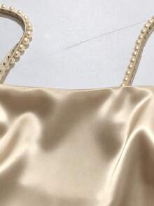 SHEIN Franclia 优雅珍珠装饰高开衩吊带连衣裙，夏季 - 香檳色 - 查看 3