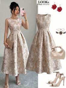 Elenzga Women's All-Over Print Elegant Sleeveless Round Neck Dress - Apricot - View 1