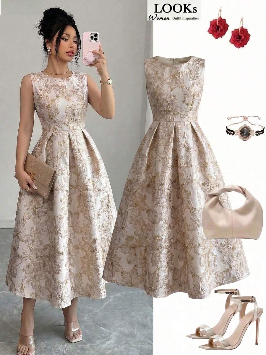 Elenzga Women's All-Over Print Elegant Sleeveless Round Neck Dress - Apricot - View 1