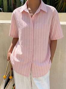 DAZY Women's Striped Single-Breasted Casual Business Short Sleeve Shirt - Dusty Pink - View 11