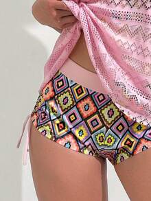SHEIN Swim 女士沙滩装，假日，新年 - 深V椰树印花短裤搭配镂空针织罩衫和吊带露脐比基尼三件套 - 彩色 - 查看 5
