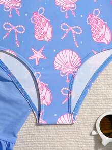 SHEIN Young Girls One-Piece Swimsuit, Cute Blue Starfish Pattern, Knit Fabric With Ruffle Trim, One-Piece With Skirt, Fashionable Casual Elegant Design, Suitable For Swimming, Summer Vacation, Beach, Pool, Holiday Party - Blue - View 3