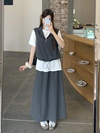 DAZY Women's Casual Hooded Drawstring Sleeveless Vest & Loose A-Line Skirt 2 Pieces Set