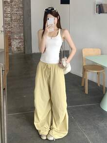 DAZY 女款配色上衣與抽繩腰寬腿褲休閒兩件套 夏季 - 黃色 - 查看 5