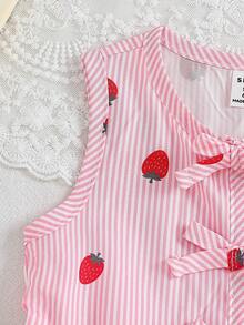 SHEIN 2件套女婴幼儿/新生儿0-3岁春夏休闲甜美清新可爱日常度假条纹粉色草莓印花梭织面料无袖背心上衣带蝴蝶结装饰+松紧腰阔腿裤两件套 - 粉色 - 查看 5