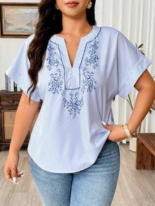 Weeklong Plus Size Women V-Neck Cutout Shoulder Striped Print Casual Vacation Shirt - Blue - View 8