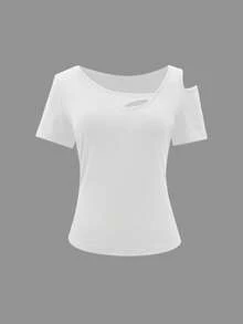 EMERY ROSE Plus Size Solid Color Asymmetrical Shoulder Casual Fitted Short Sleeve Hollow Out T-Shirt, Versatile For Summer - White - View 4