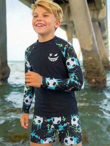 SHEIN Tween Boys Slim Fit Graffiti Football Print 2 Pieces Swimwear, Suitable For Spring/Summer Beach Vacation - Multicolor - View 2