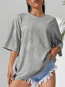 Sundraya Loose-Fitting, Drop-Shoulder, Solid Color T-Shirt - Light Gray 2 - View 3