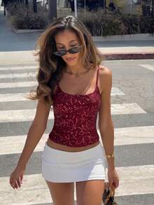 Aloruh Damen neue Spitze & Pailletten Splice sexy Cami Top, Alltagskleidung - Bordeaux - Übersicht 6