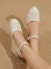 Styleloop Giày đế xuồng nữ bằng dây gai dầu, chất liệu đan từ rơm, màu be, kiểu dáng đơn giản, thích hợp cho đi chơi, nghỉ mát, hẹn hò hàng ngày, đi biển, du lịch biển, phong cách thường ngày. - Màu be - Xem 3