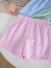 SHEIN 3件套少女条纹休闲短裤套装 - 綠色 - 查看 7