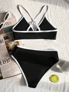 SHEIN Tween女孩休閒海灘度假復古拼色交叉肩帶比基尼套裝 皇家藍 - 黑與白 - 查看 2