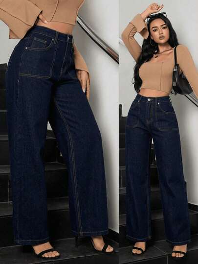 Shendy Vendy Jeans casuales de pierna recta y ajuste holgado para mujer con bolsillos, jeans rectos de moda