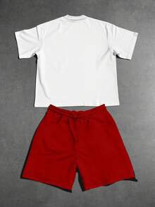 Manfinity Roghcode Men Streetwear Set,White And Red ""GET RICH"" Portrait Print Short Sleeve T-Shirt And Shorts,Retro Y2K Hip Hop Style For Summer Music Festival Beach - Multicolor - View 3