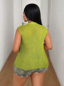 Maweii Plus Size Women's Knitwear, Brown V-Neck Sweater Vest, Metal Big Button Hollow Out Cardigan, Summer Casual Everyday Minimalist Knit Vest Gym - Green - View 4
