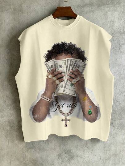 Manfinity EMRG Men's Apricot Sleeveless Vest, Money Wealth Print American Street Style Casual Sports Top, Suitable For Summer, Vacation, Party, Daily Wear